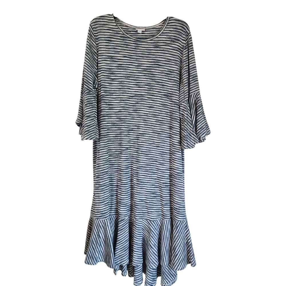 LuLaRoe Womens 2XL Maurine Blue White Stripe Ruffle Hem Cotton Dress Flutter